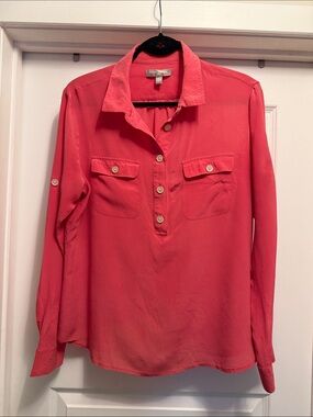 Banana Republic Button-Placket Silk Blend Blouse - Coral Pink